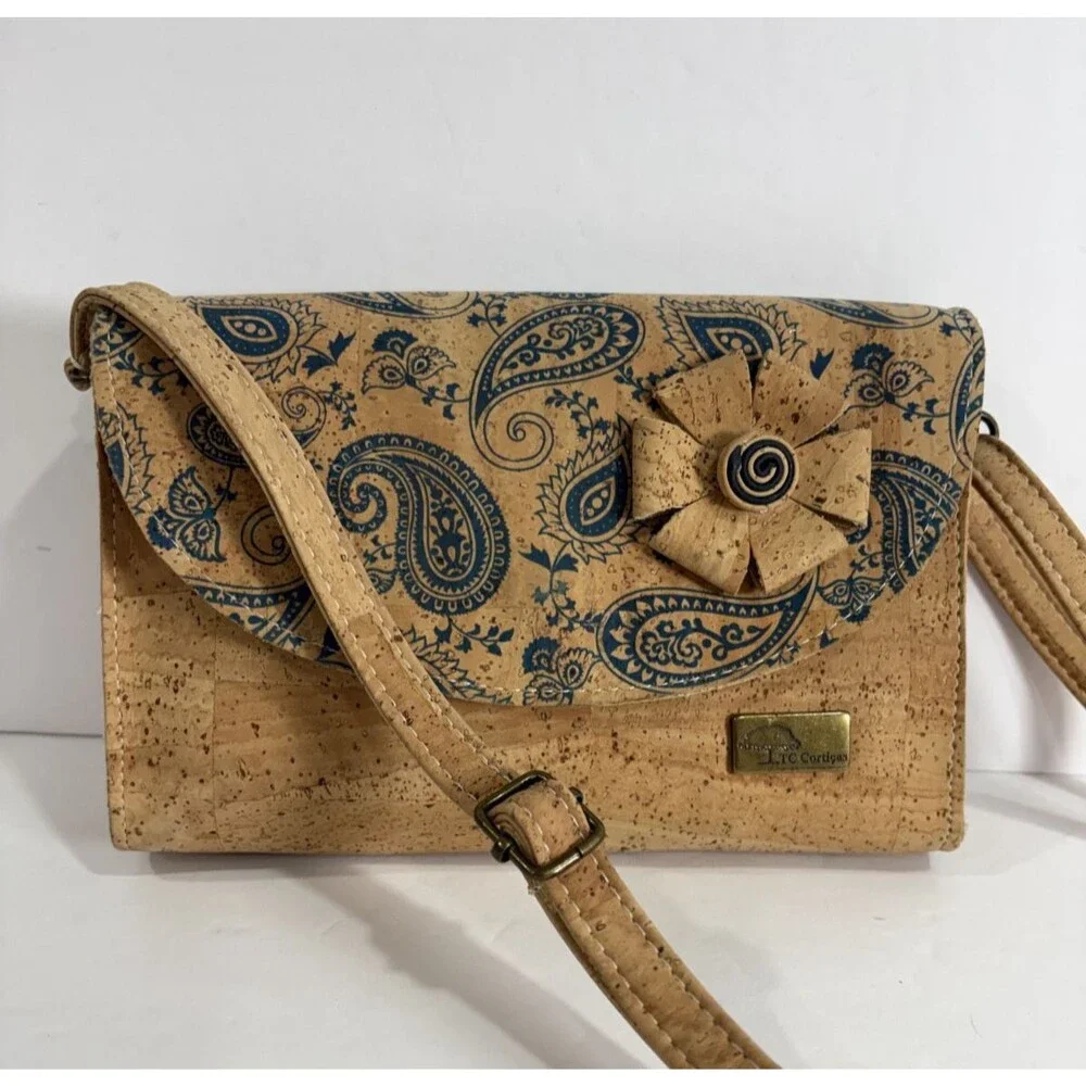 TC Corticas Cork Handbag Eco Friendly Natural Crossbody Bag Beige / Blue Paisley